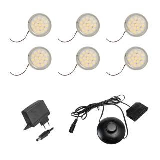 Set 6 pohištvenih LED svetilk 1,5W 12V 3000K z nožnim stikalom in 12V napajalnikom