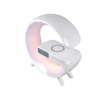 Namizna RGB LED svetilka z brezžičnim polnilcem / bluetooth zvočnik / FM / USB / micro SD / AUX / ura /alarm